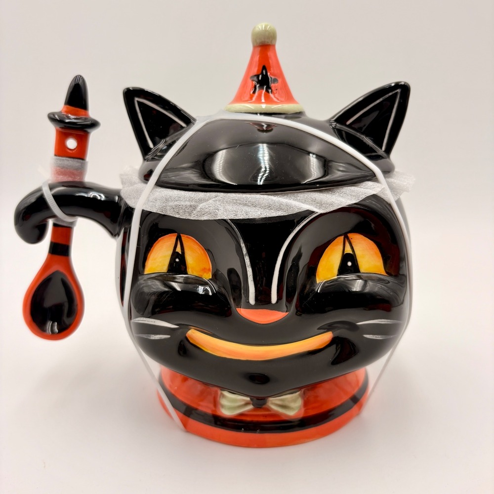 Johanna Parker Style Vintage Black Cat Ceramic Sugar Canister with Lid Spoon Set